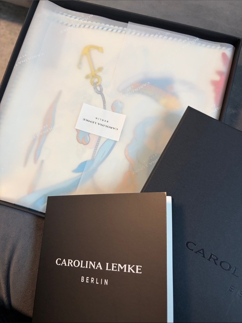 Luxury Illustrated Silk Scarf in Cream and Light Blue - Picture 2 of 2